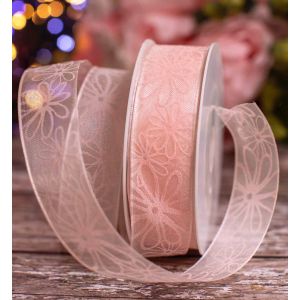 Pink Wired Edged Sheer Ribbon With Pink Floral Print