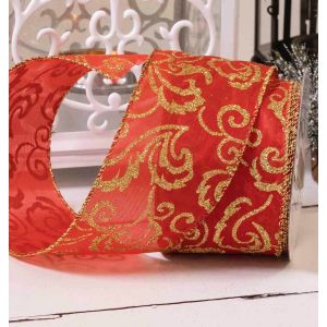 Red & Gold Damask Design Ribbon With Wired Edges