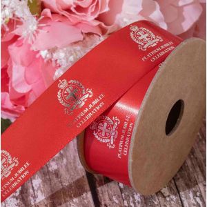 25mm Red Satin Ribbon With Silver Platinum Jubilee Print