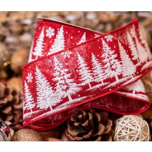 Red Festive Forest Ribbon 63mm x 10 yards with wired edge