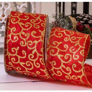 Red Satin Wired Edged Ribbon With Glitter Filigree Gold 63mm x 10yrds