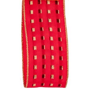 Red and gold lame gimp stitch ribbon in a 40mm width with a lightly wired edge
