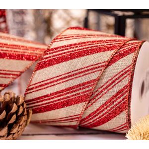Red Glitter candy stripe design on natural faux burlap christmas ribbon