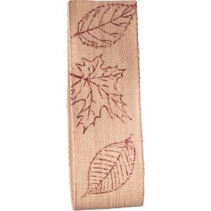 Linen Look Forest leaf Print - Red - 40mm x 15m 