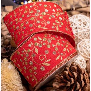 Eleganza Red Wired Edge Ribbon with Gold Glitter Berries on Holly 63mm x 9.1m