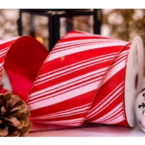 Red Satin With White Glitter candy cane stripe Christmas Ribbon