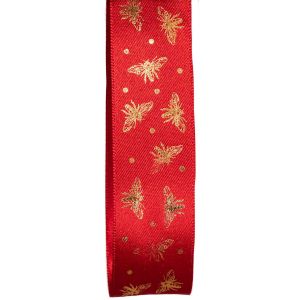 25mm Red Satin Ribbon With Gold Bee Design