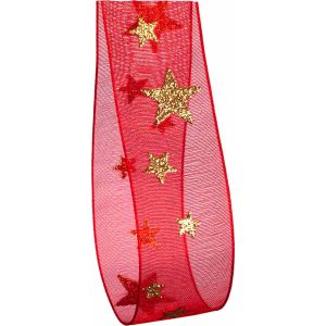 25mm red sheer ribbon with gold glitter star design