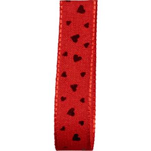 red 15mm wide taffeta ribbon with red heart print