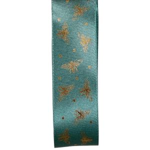 25mm Turquoise Blue Ribbon With Gold Bee Design