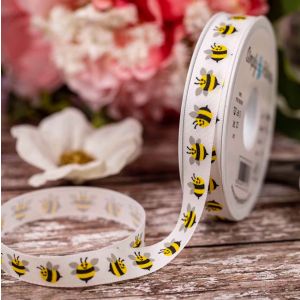 White 15mm Rustic Taffeta Ribbon With Bumble Bee Design