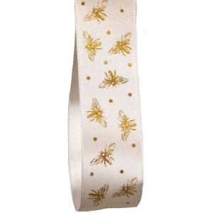 25mm White Satin Ribbon With Gold Bee Design By Berisfords Ribbons