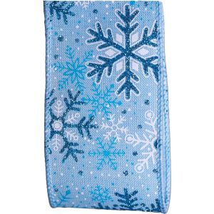 Blue Glitter Snowflake design christmas ribbon with wired edge and woven in a 63mm width