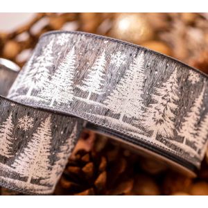 Grey Festive Forest Ribbon 63mm with wired edge