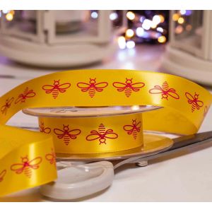 Yellow & Pink Bee printed ribbon in a 25mm width