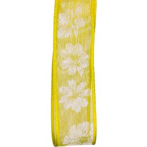 25mm x 20m Yellow Floral Print Sheer Ribbon - Wired