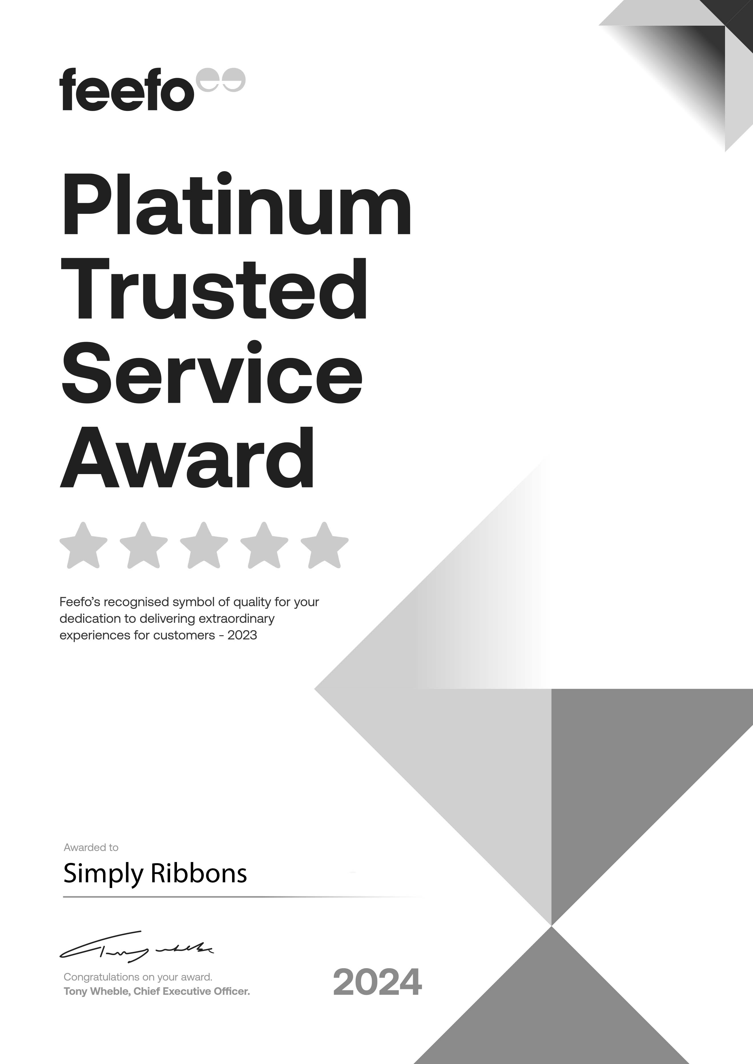Simply Ribbons Wins Feefo Platinum Award For Third Year