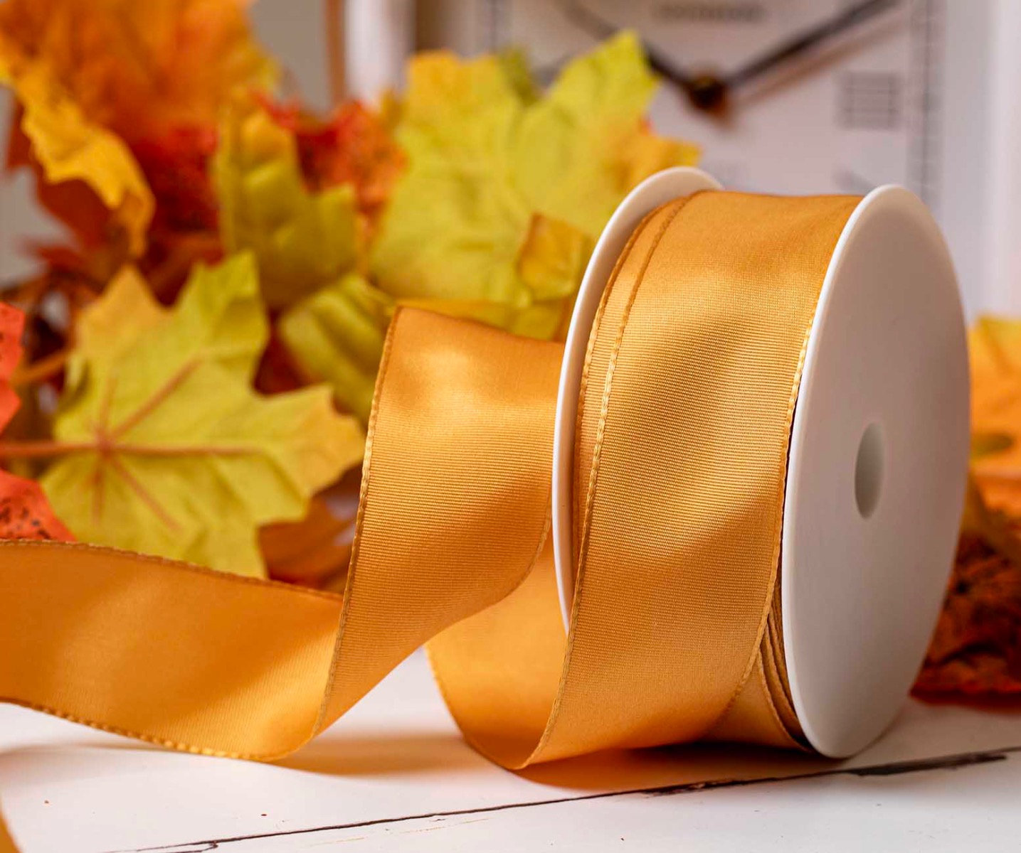 38mm autumnal gold wired edged taffeta ribbon 