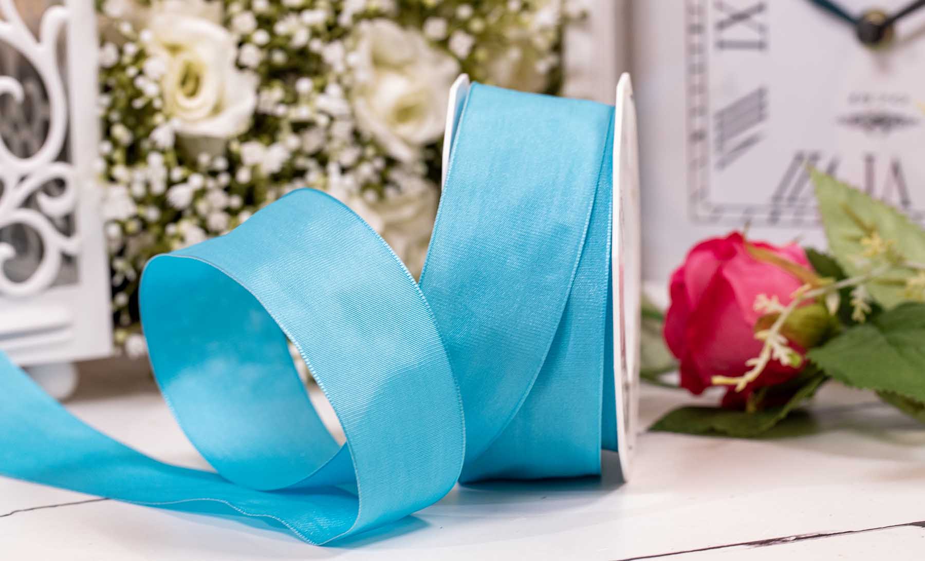 40mm turquoise blue silky taffeta ribbon with wired edge
