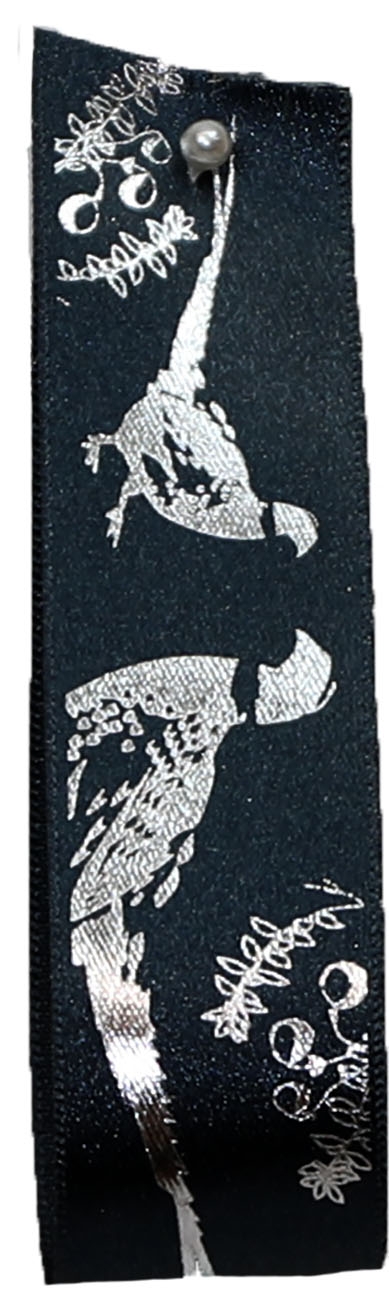 silver pheasant print ribbon on black satin