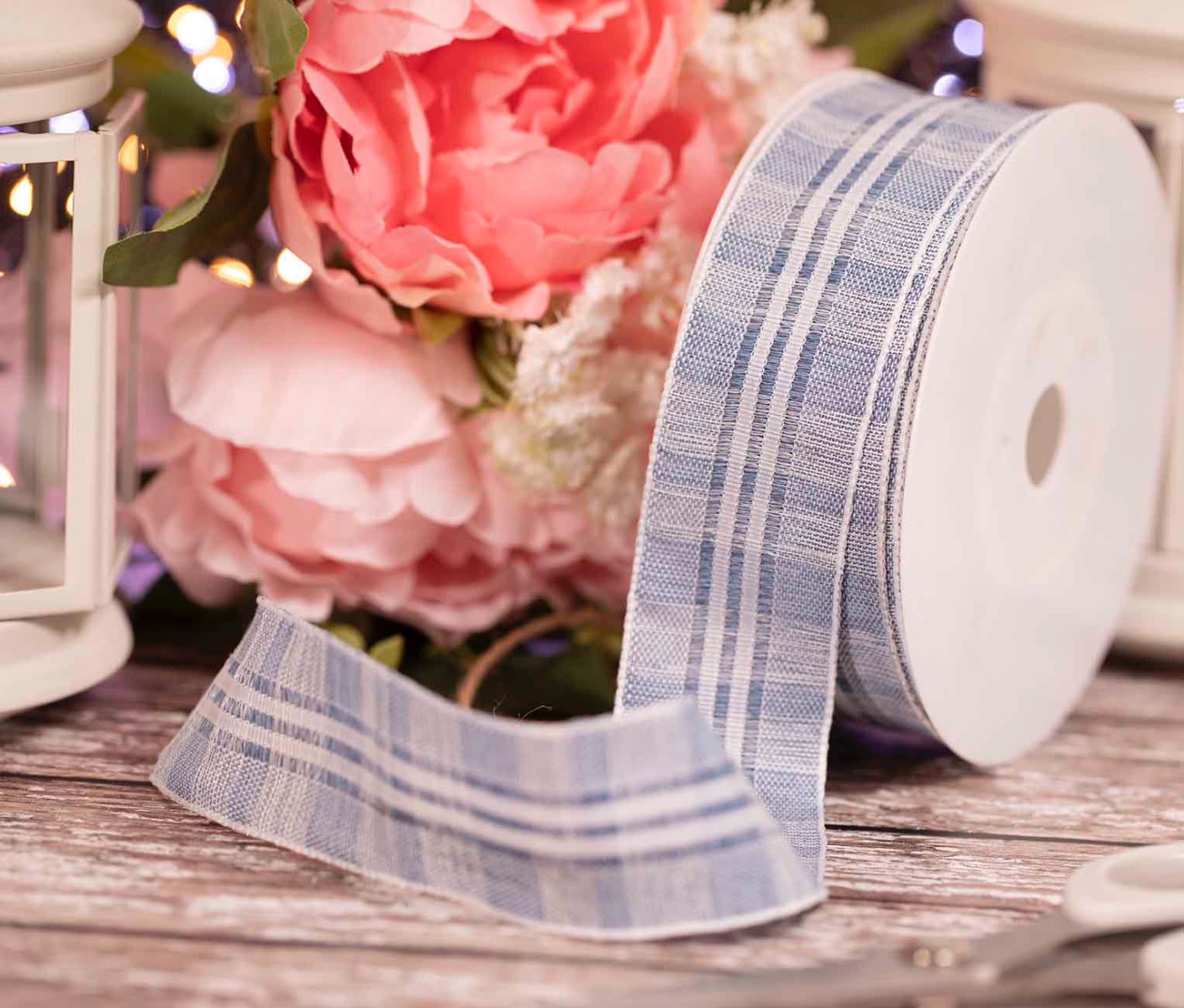 40mm Blue Checked Cotton Look Ribbon