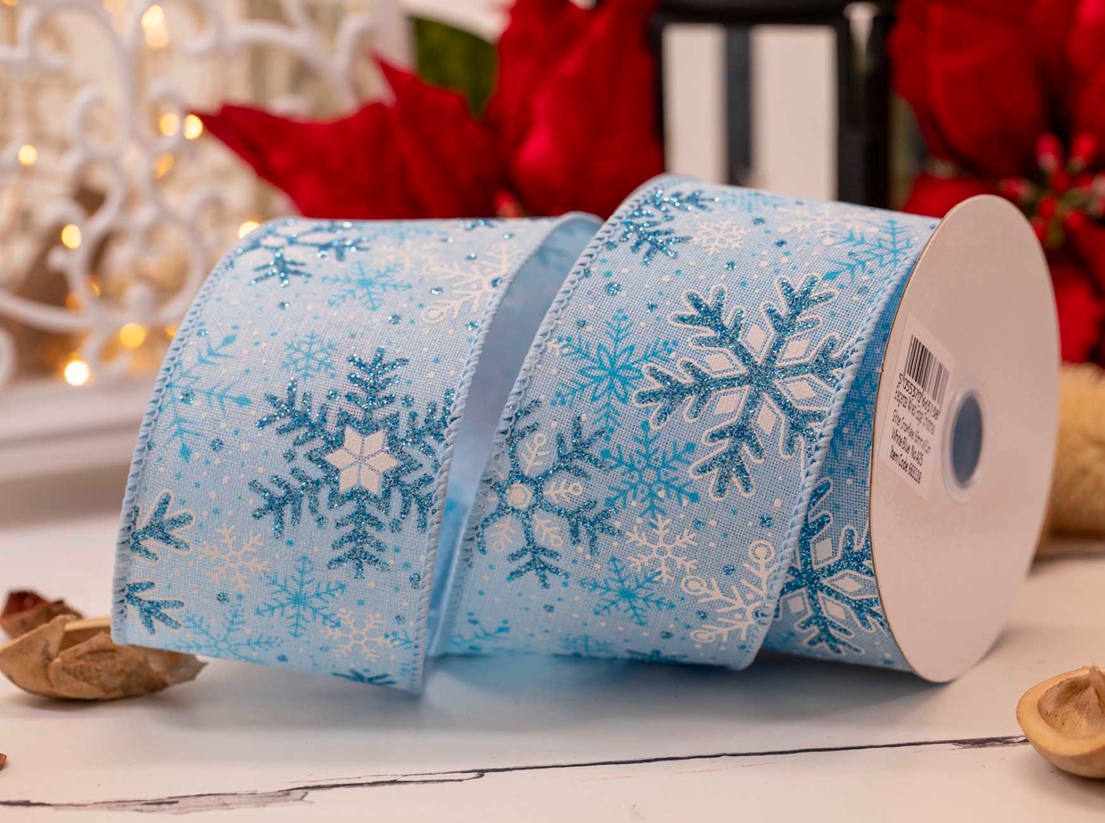 Blue Glitter Snowflake Ribbon With Wired Edge