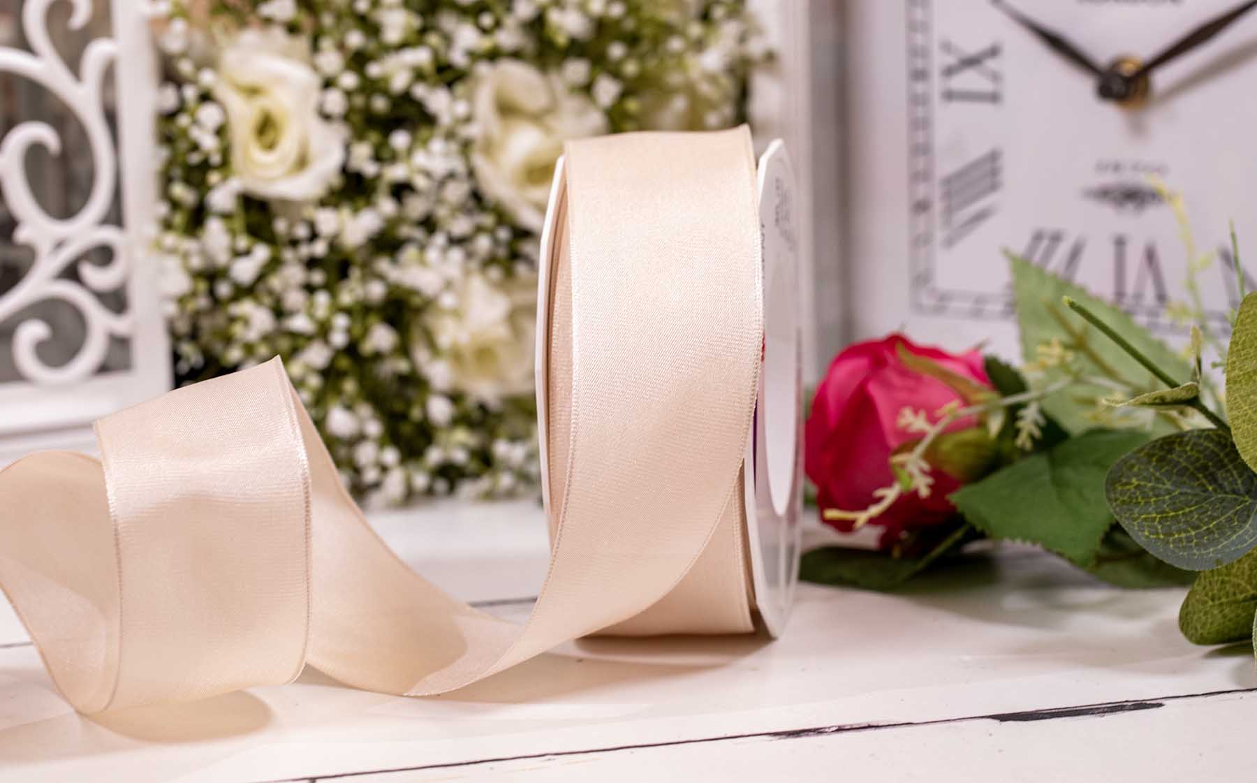 40mm x 20m silky wired taffeta ribbon in cream