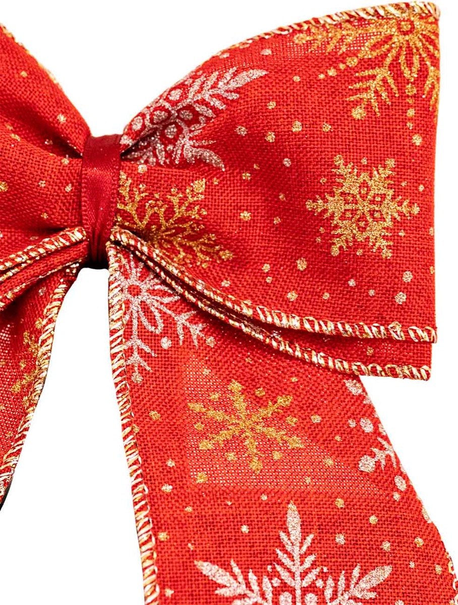 Red hessian style bow with glitter snowflake design