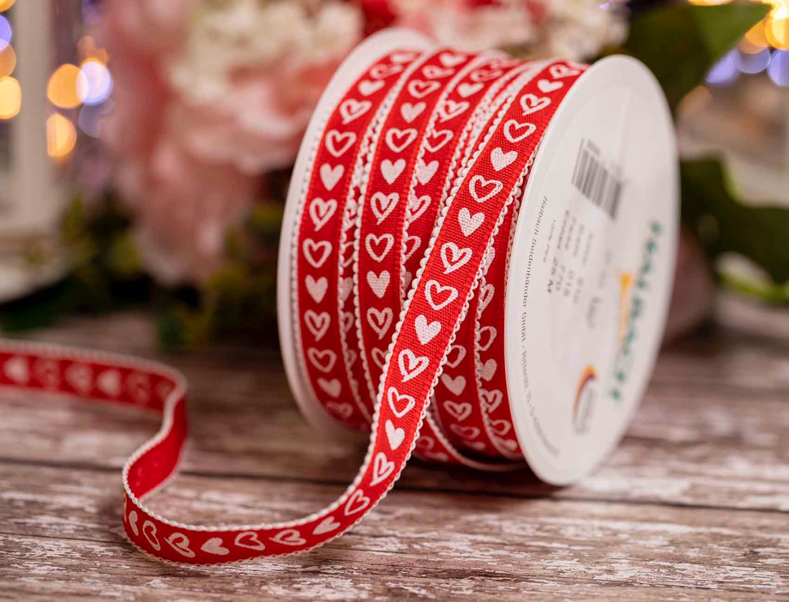 15mm red and white heart ribbon