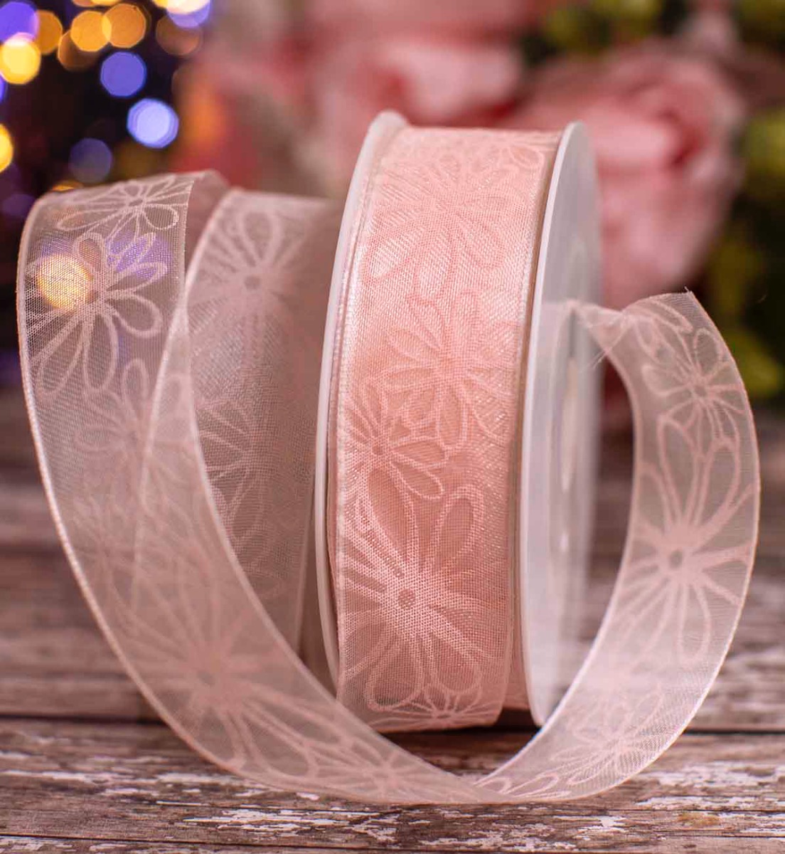 25mm Pink Sheer Ribbon With Pink Floral Print