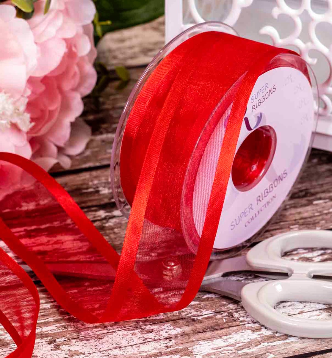 40mm Satin Edged Sheer Ribbon in red 