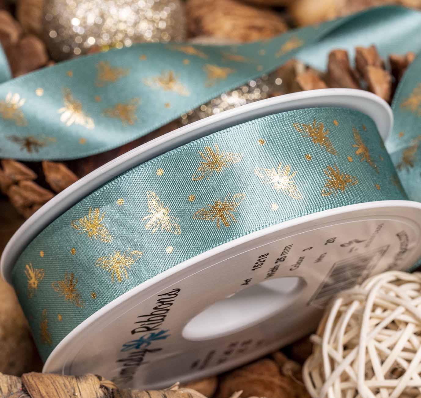 25mm Turquoise Satin Ribbon With Gold Bee Design