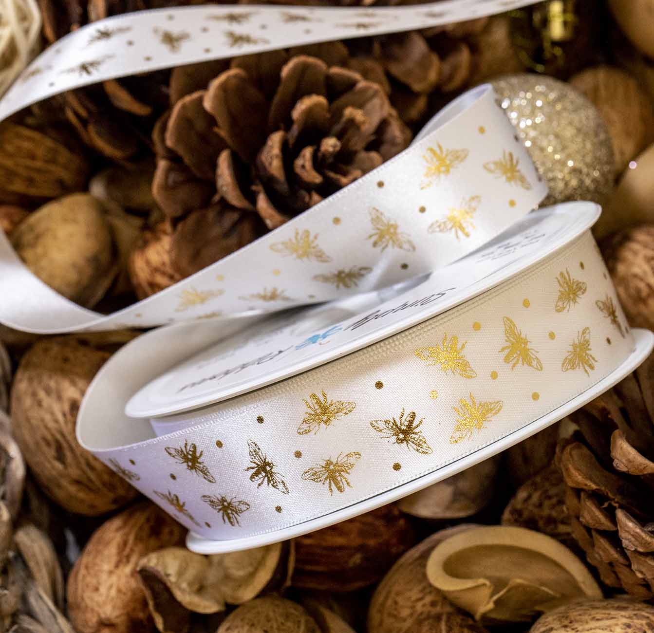 25mm White Satin Ribbon With Gold Bee Design